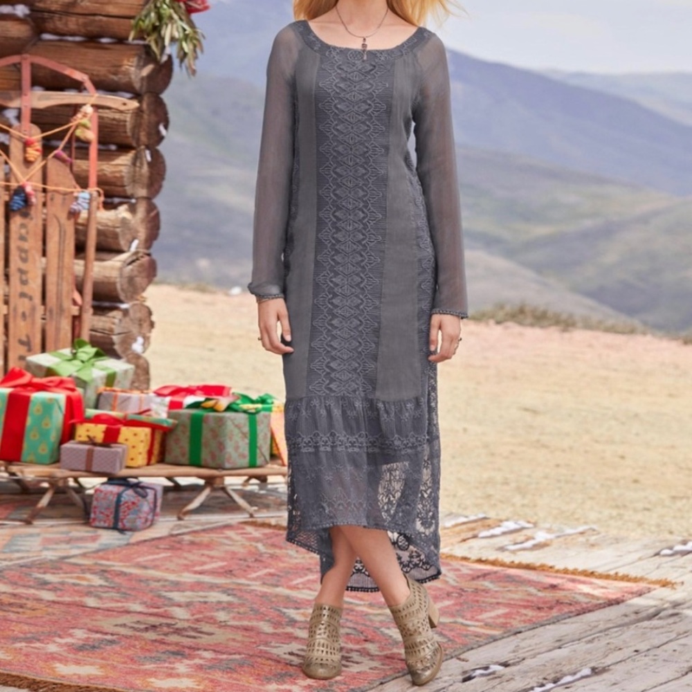 Sundance Slate Gray Lace High-Low Midi Dress